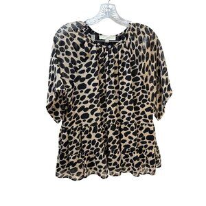 Loft Womens Black & Tan Leopard Print Tiered Top Button Front 3/4 Sleeves Size S